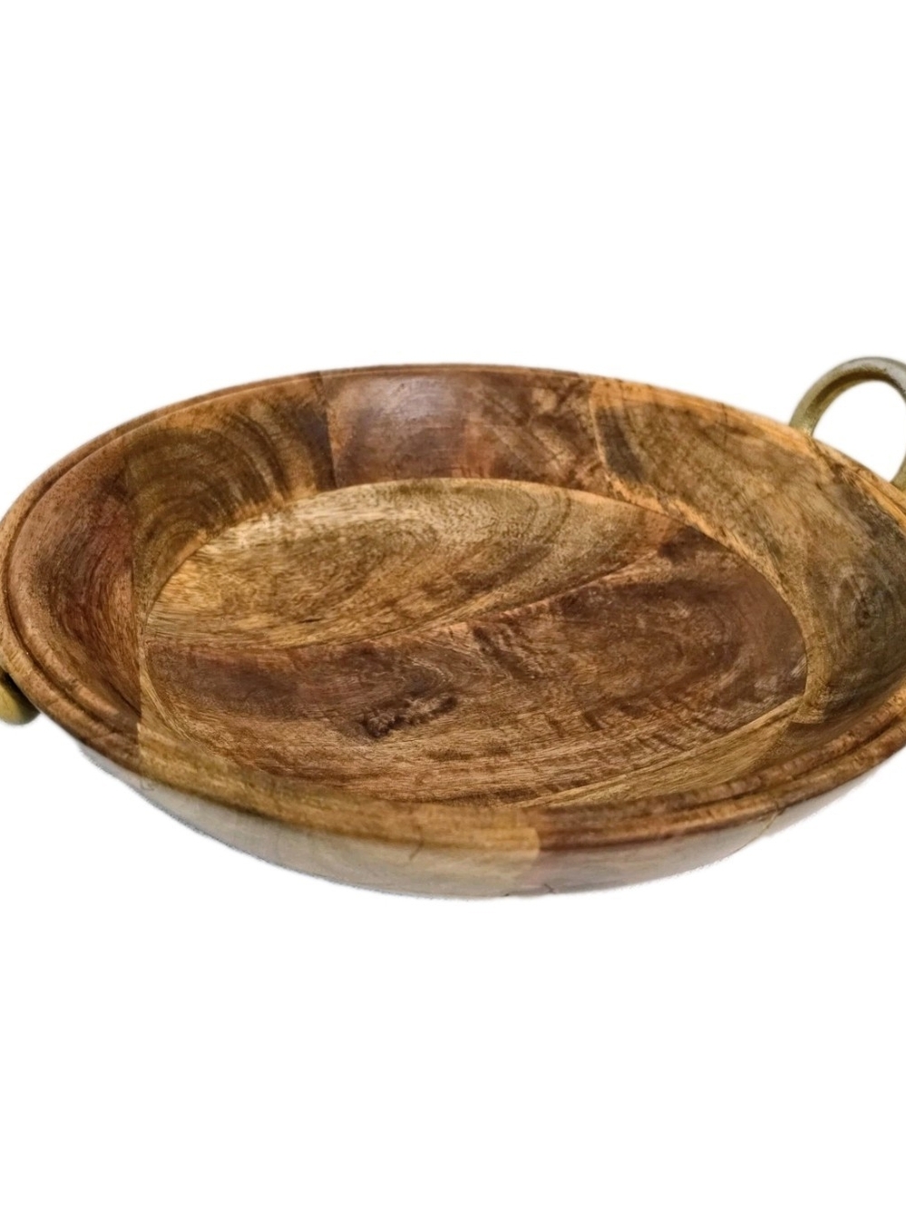 Craving Wood Bowl Gold Brass Ring Handles Chrissy Teigen 13" Bread Centerpiece